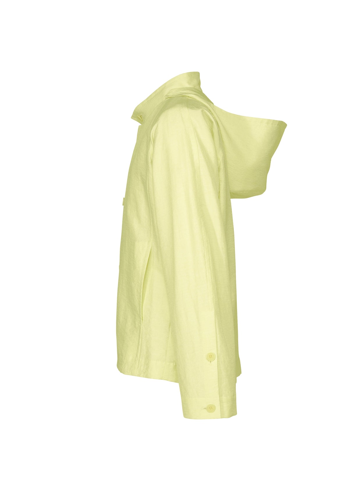 The OPACITY shirt by HOMME PLISSÉ ISSEY MIYAKE is shown in light yellow, displayed in profile against a white background with the collar and left sleeve prominently featured, and the right side and back slightly open. Made from a comfortable nylon linen blend, this button-up shirt offers both stylish design and lightweight breathability. view 4 of 6
