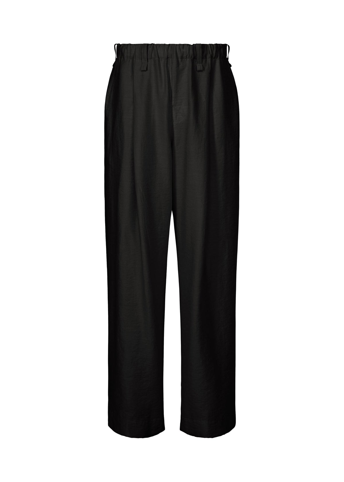 The OPACITY pants by HOMME PLISSÉ ISSEY MIYAKE are loose-fitting, black wide-leg trousers featuring an elastic waistband and belt loops, crafted from a linen blend fabric and showcased against a white background. view 1 of 8