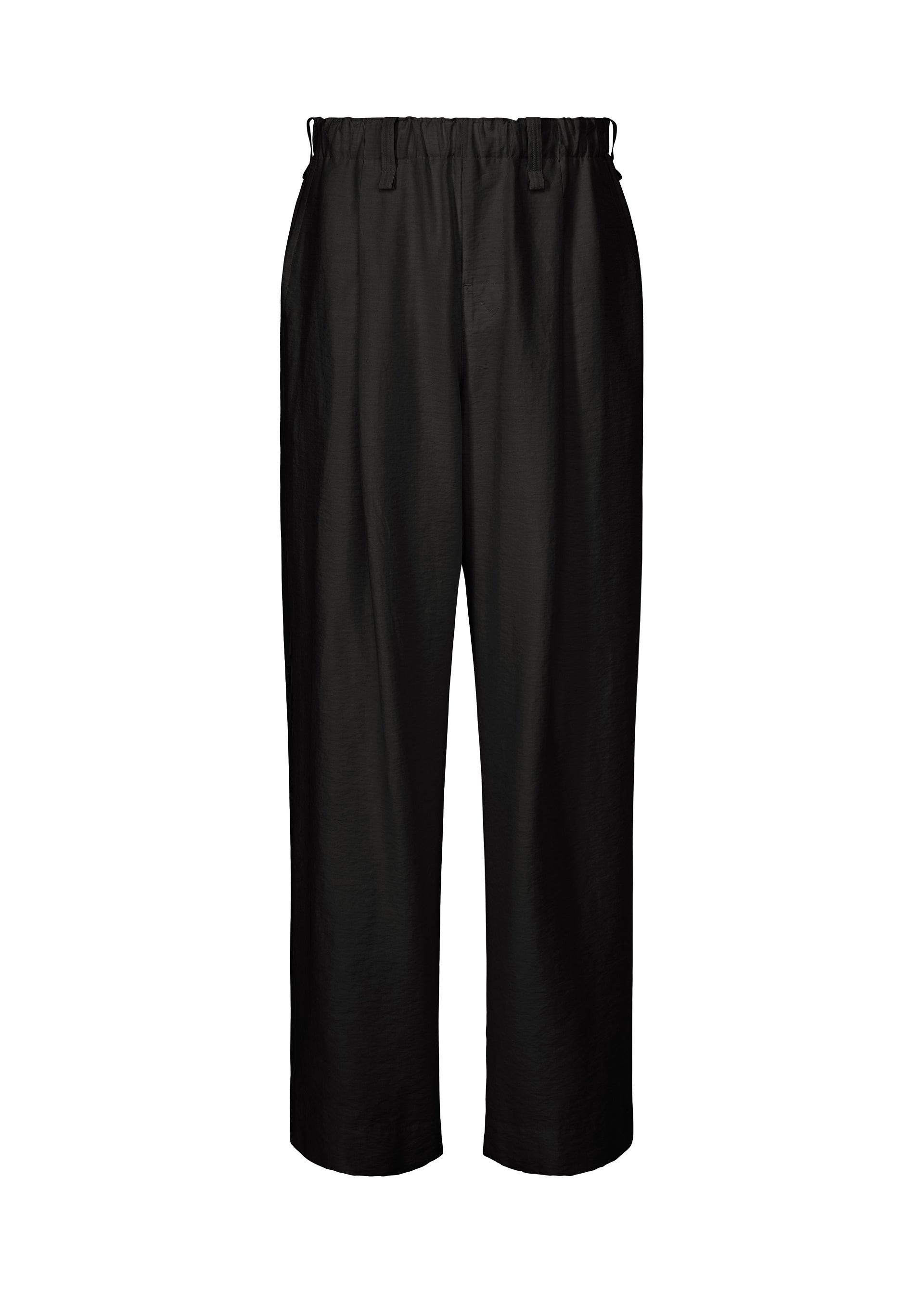 Zoomed view The OPACITY pants by HOMME PLISSÉ ISSEY MIYAKE are loose-fitting, black wide-leg trousers featuring an elastic waistband and belt loops, crafted from a linen blend fabric and showcased against a white background. - BLACK （no.15）