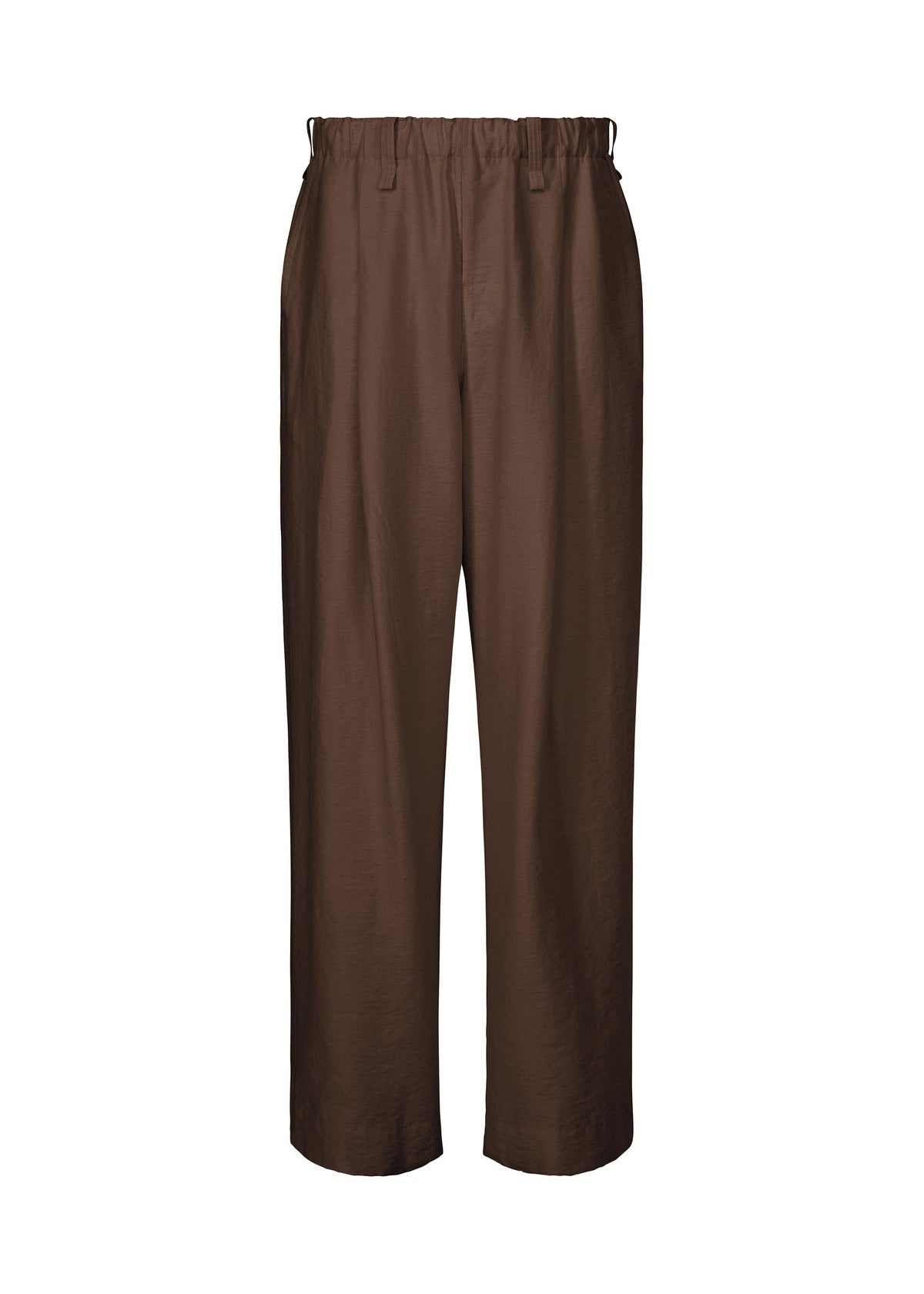 The OPACITY pants by HOMME PLISSÉ ISSEY MIYAKE are loose-fitting brown linen blend trousers featuring an elastic waistband, straight wide legs, and a clean silhouette with no visible pockets, shown against a plain white background. view 2 of 8