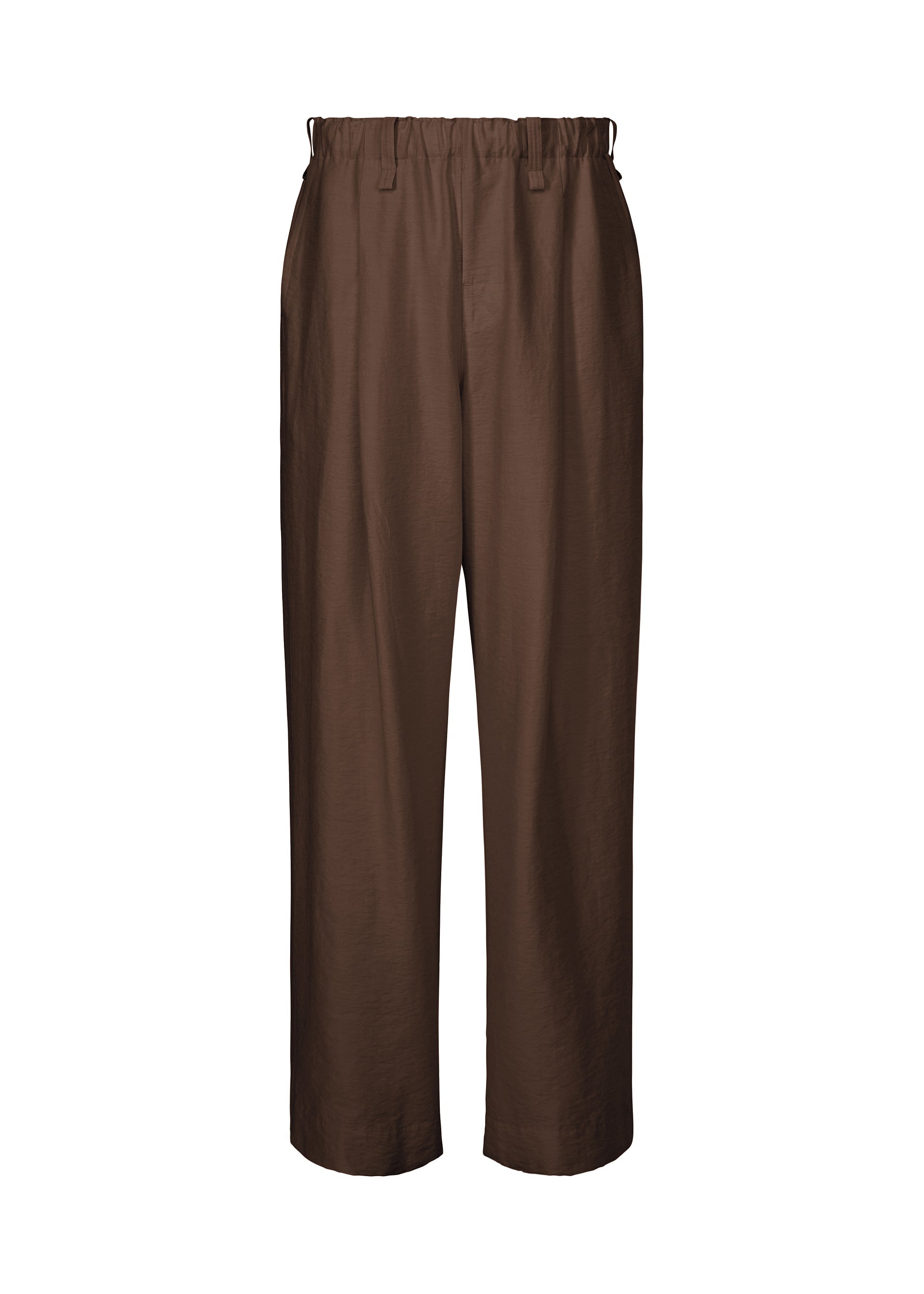 Zoomed view The OPACITY pants by HOMME PLISSÉ ISSEY MIYAKE are loose-fitting brown linen blend trousers featuring an elastic waistband, straight wide legs, and a clean silhouette with no visible pockets, shown against a plain white background. - BROWN （no.44）