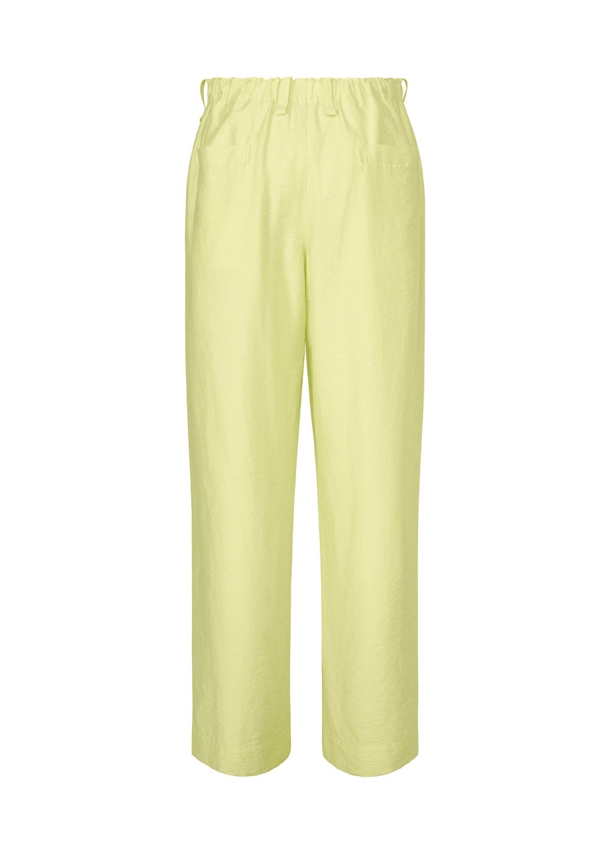 OPACITY high-waisted pants by HOMME PLISSÉ ISSEY MIYAKE in light yellow, crafted from a linen blend with a loose fit, elastic waistband, and straight legs, displayed against a white background. view 3 of 8