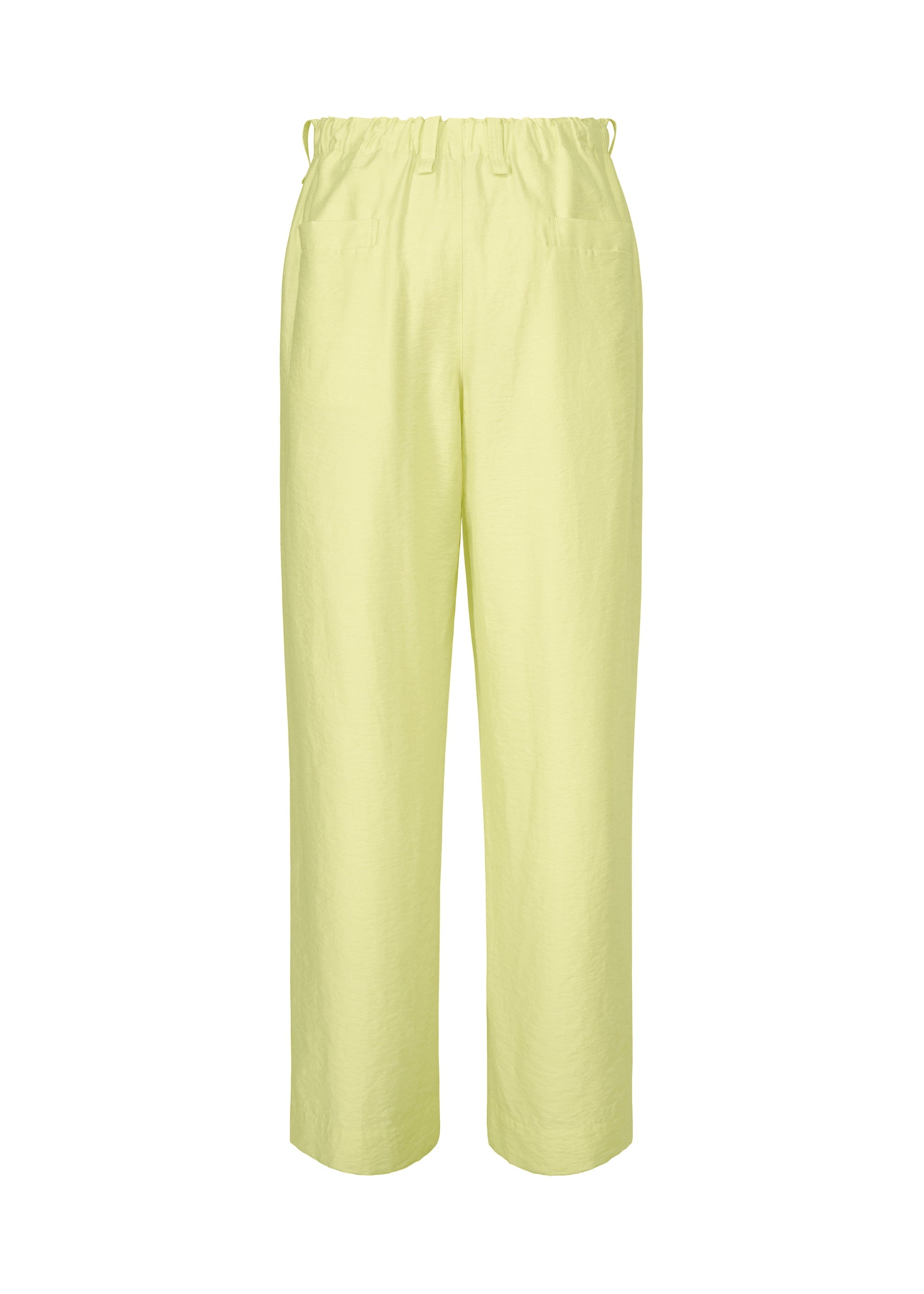 Zoomed view OPACITY high-waisted pants by HOMME PLISSÉ ISSEY MIYAKE in light yellow, crafted from a linen blend with a loose fit, elastic waistband, and straight legs, displayed against a white background.