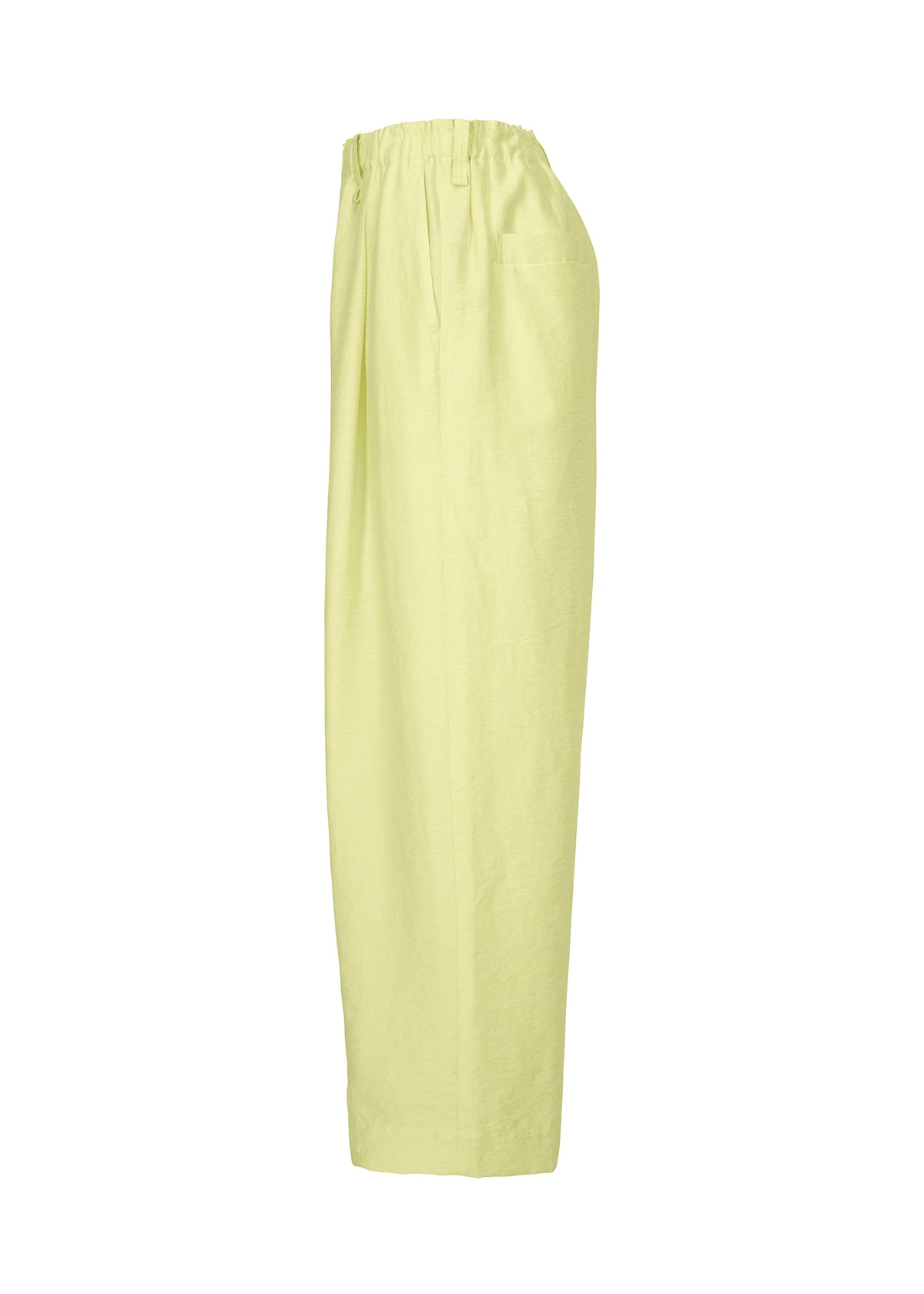 The OPACITY pants by HOMME PLISSÉ ISSEY MIYAKE are light yellow, high-waisted, loose-fitting wide-leg trousers featuring an elastic waistband and straight legs, crafted from a soft linen blend and displayed from the side against a white background. view 4 of 8