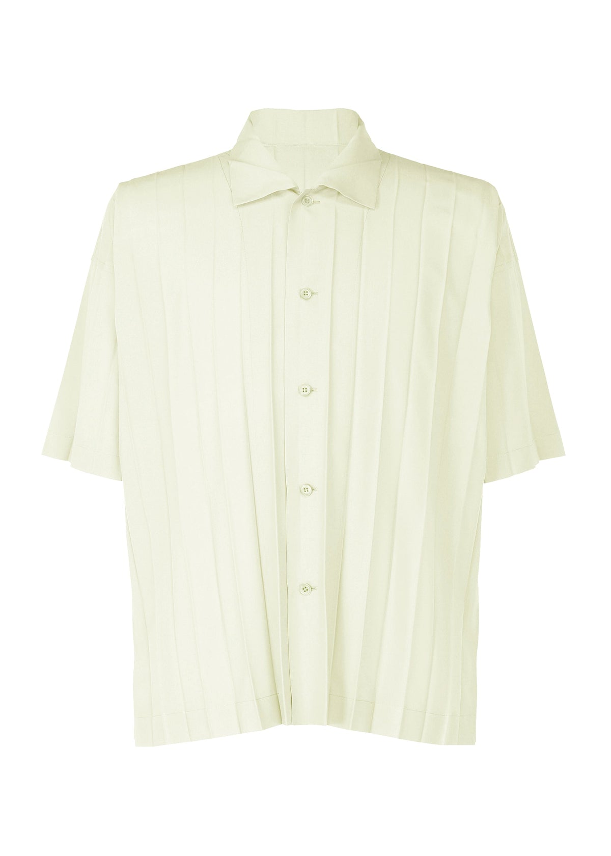 The EDGE SHIRT by HOMME PLISSÉ ISSEY MIYAKE features a light beige polyester fabric, short sleeves, subtle vertical stripes, a classic collar, and a relaxed fit. Displayed against a plain white background. view 1 of 6