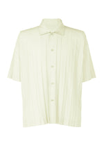 The EDGE SHIRT by HOMME PLISSÉ ISSEY MIYAKE features a light beige polyester fabric, short sleeves, subtle vertical stripes, a classic collar, and a relaxed fit. Displayed against a plain white background.