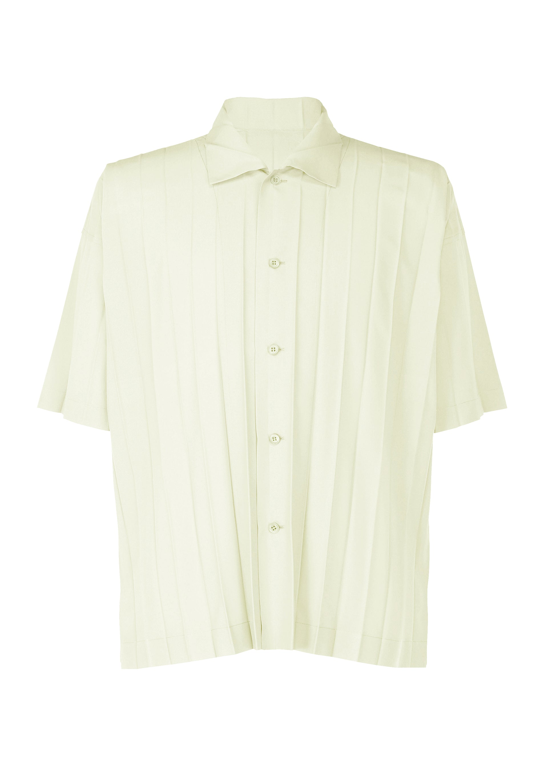 Zoomed view The EDGE SHIRT by HOMME PLISSÉ ISSEY MIYAKE features a light beige polyester fabric, short sleeves, subtle vertical stripes, a classic collar, and a relaxed fit. Displayed against a plain white background.