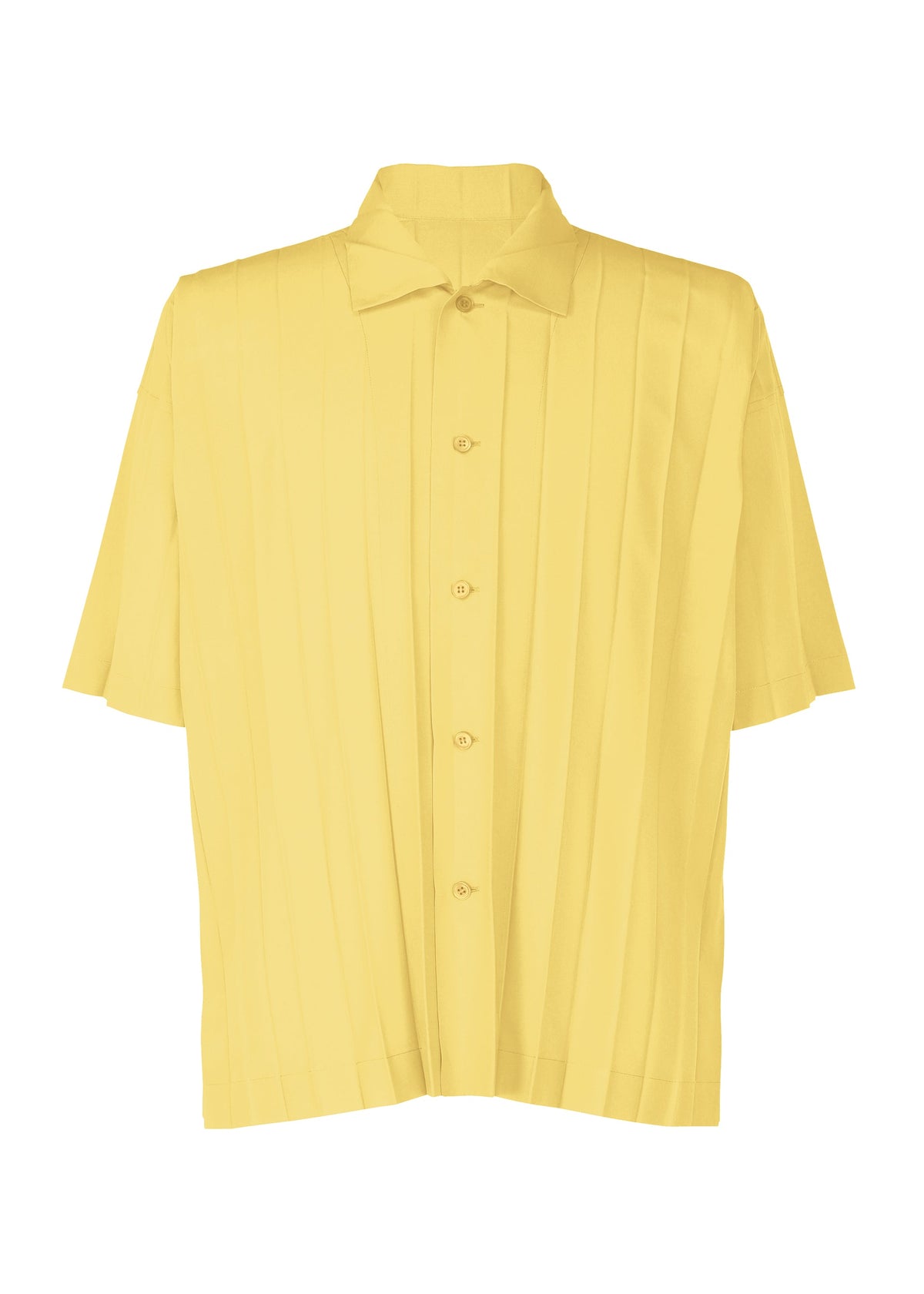 The EDGE SHIRT by HOMME PLISSÉ ISSEY MIYAKE is a short-sleeved polyester shirt in solid yellow with subtle vertical stripes, displayed against a plain white background. view 3 of 6