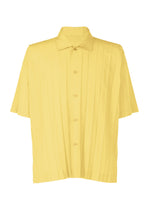 The EDGE SHIRT by HOMME PLISSÉ ISSEY MIYAKE is a short-sleeved polyester shirt in solid yellow with subtle vertical stripes, displayed against a plain white background.