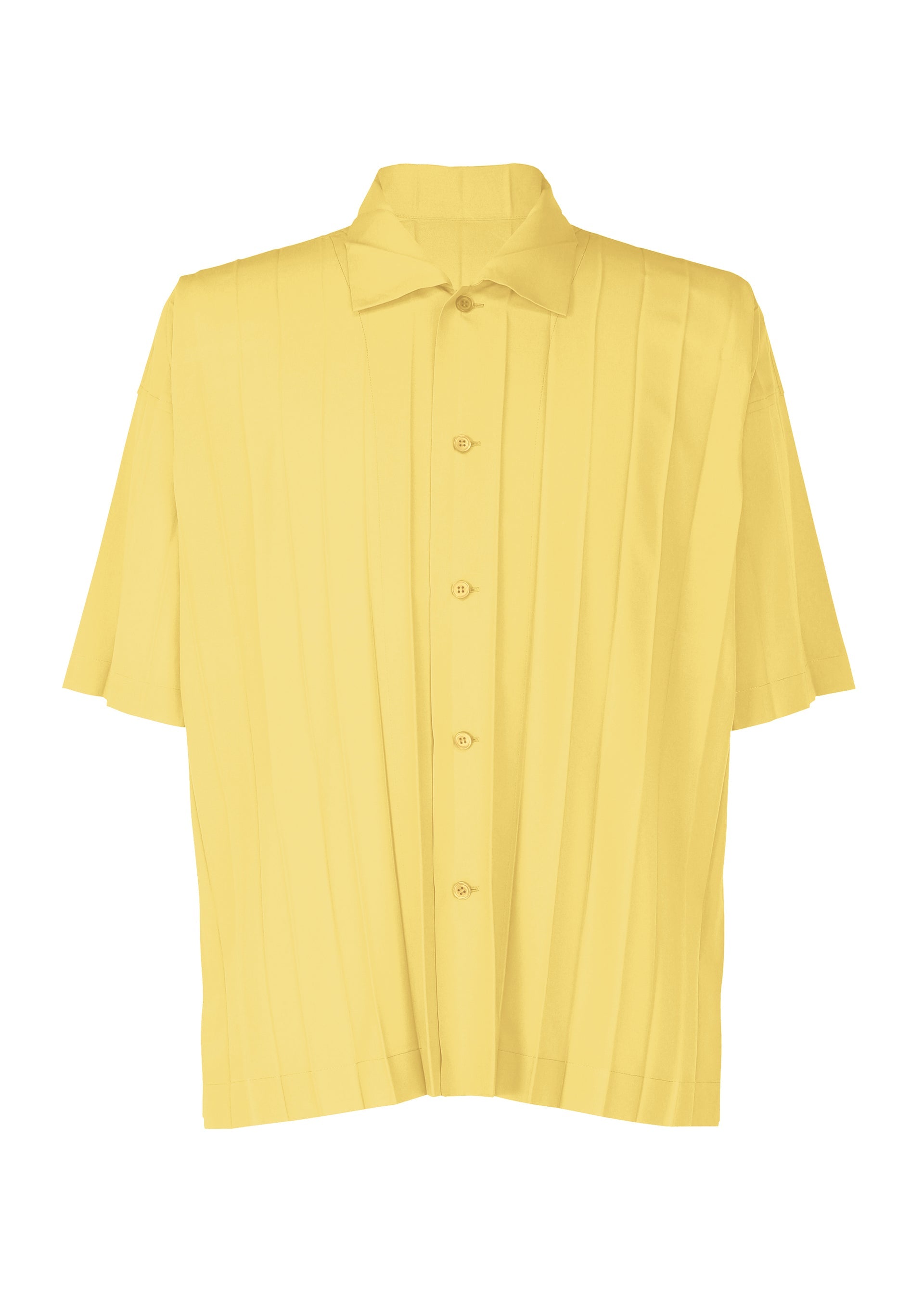Zoomed view The EDGE SHIRT by HOMME PLISSÉ ISSEY MIYAKE is a short-sleeved polyester shirt in solid yellow with subtle vertical stripes, displayed against a plain white background.