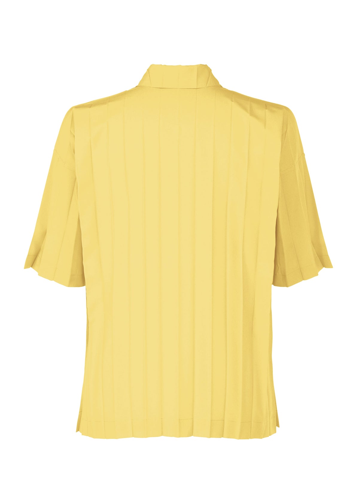 The EDGE SHIRT by HOMME PLISSÉ ISSEY MIYAKE is a light yellow, short-sleeved polyester shirt with vertical hand pleating, presented from the back view against a white background. view 4 of 6