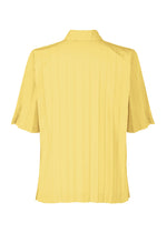 The EDGE SHIRT by HOMME PLISSÉ ISSEY MIYAKE is a light yellow, short-sleeved polyester shirt with vertical hand pleating, presented from the back view against a white background.