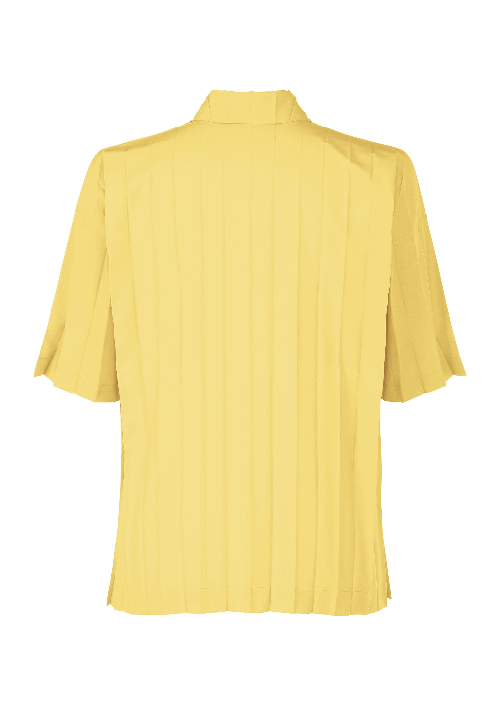 Zoomed view The EDGE SHIRT by HOMME PLISSÉ ISSEY MIYAKE is a light yellow, short-sleeved polyester shirt with vertical hand pleating, presented from the back view against a white background.