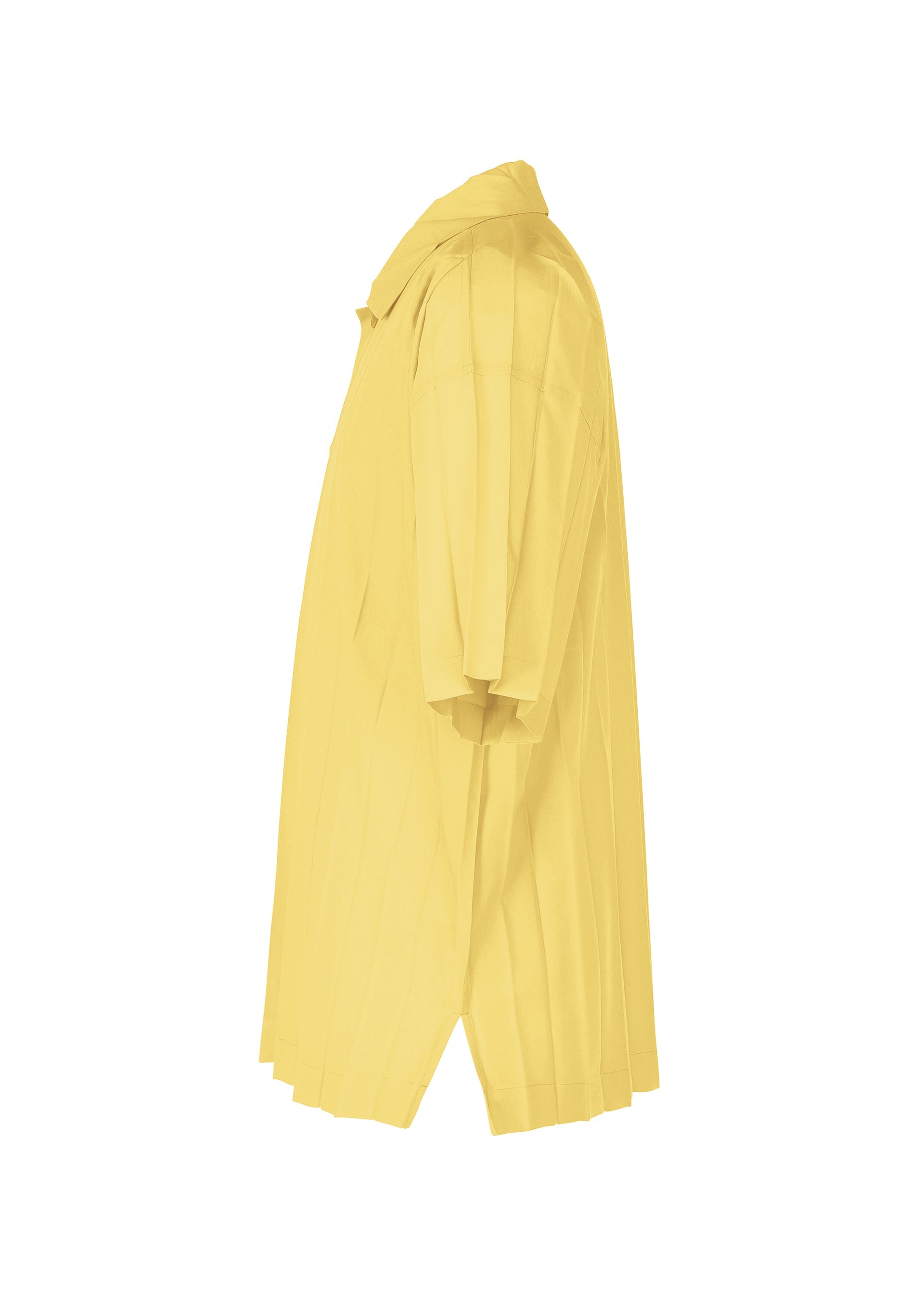 Zoomed view The EDGE SHIRT by HOMME PLISSÉ ISSEY MIYAKE is a yellow, short-sleeved polyester top with hand pleating, shown from the side and appearing to float against a white background with no hanger or mannequin visible.