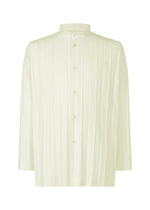 The EDGE SHIRT by HOMME PLISSÉ ISSEY MIYAKE is a cream-colored, long-sleeve shirt with vertical hand pleating, standing collar, and button-down front. Shown against a white background, it features a relaxed fit for effortless style.
