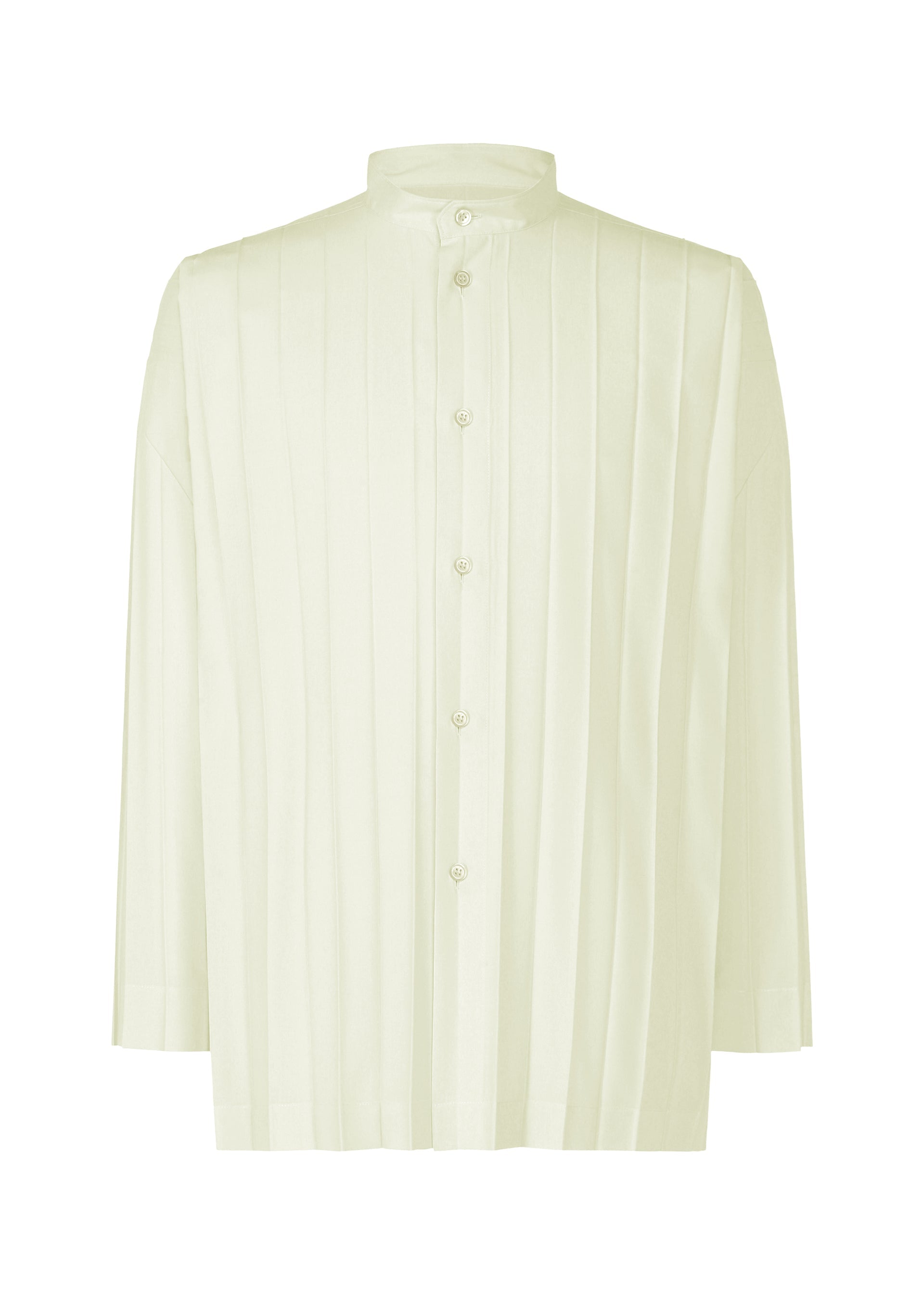 Zoomed view The EDGE SHIRT by HOMME PLISSÉ ISSEY MIYAKE is a cream-colored, long-sleeve shirt with vertical hand pleating, standing collar, and button-down front. Shown against a white background, it features a relaxed fit for effortless style.