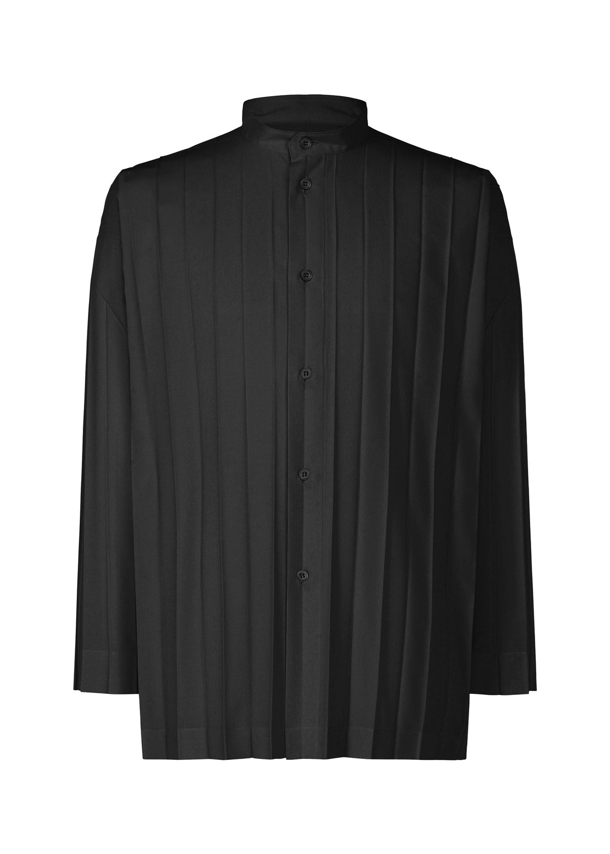 The EDGE SHIRT by HOMME PLISSÉ ISSEY MIYAKE is a black, long-sleeve button-up with a standing collar and vertical hand pleating at the front, designed in a relaxed fit and shown against a white background. view 2 of 7