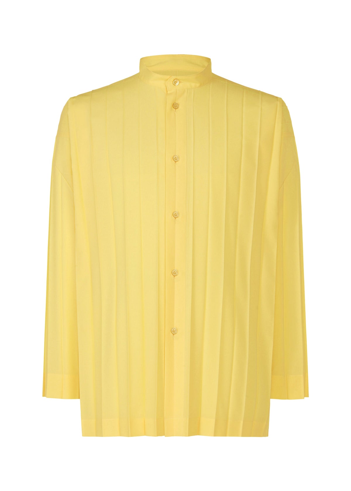 The EDGE SHIRT by HOMME PLISSÉ ISSEY MIYAKE is a relaxed-fit, long-sleeved yellow shirt with a standing collar, button-up front, hand pleating, and vertical pleats down the front. view 3 of 7