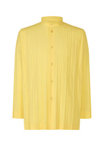 The EDGE SHIRT by HOMME PLISSÉ ISSEY MIYAKE is a relaxed-fit, long-sleeved yellow shirt with a standing collar, button-up front, hand pleating, and vertical pleats down the front.