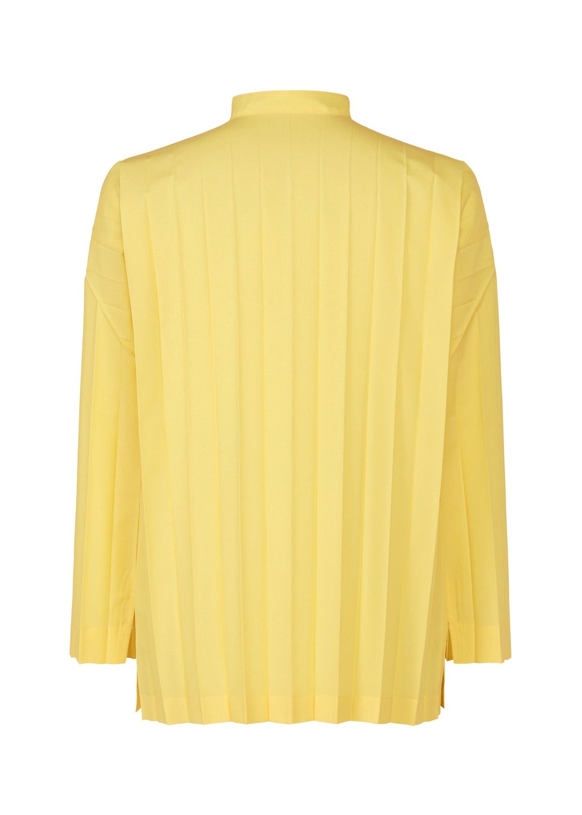 Back view of the EDGE SHIRT by HOMME PLISSÉ ISSEY MIYAKE—a long-sleeved, light yellow jacket with a relaxed fit, high collar, vertical hand pleats, and a slightly flared hem. view 4 of 7