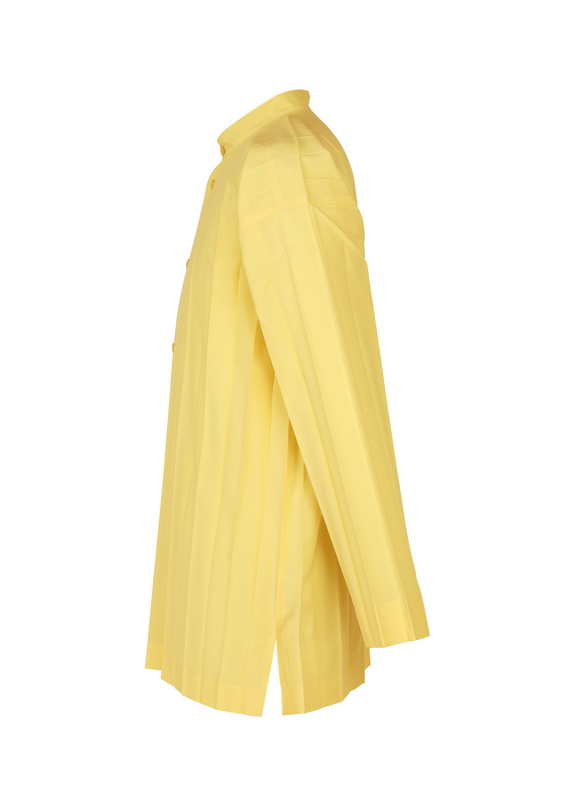 Zoomed view The EDGE SHIRT by HOMME PLISSÉ ISSEY MIYAKE is displayed in profile against a white background, featuring long sleeves, light yellow hue, standing collar, relaxed fit, subtle vertical stripes, and signature hand pleating.