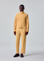 A person stands against a plain light gray background, wearing the HOMME PLISSÉ ISSEY MIYAKE TAILORED PLEATS 1—a matching light yellow ribbed raglan jacket and pants—paired with a rust-colored turtleneck underneath and dark brown shoes.