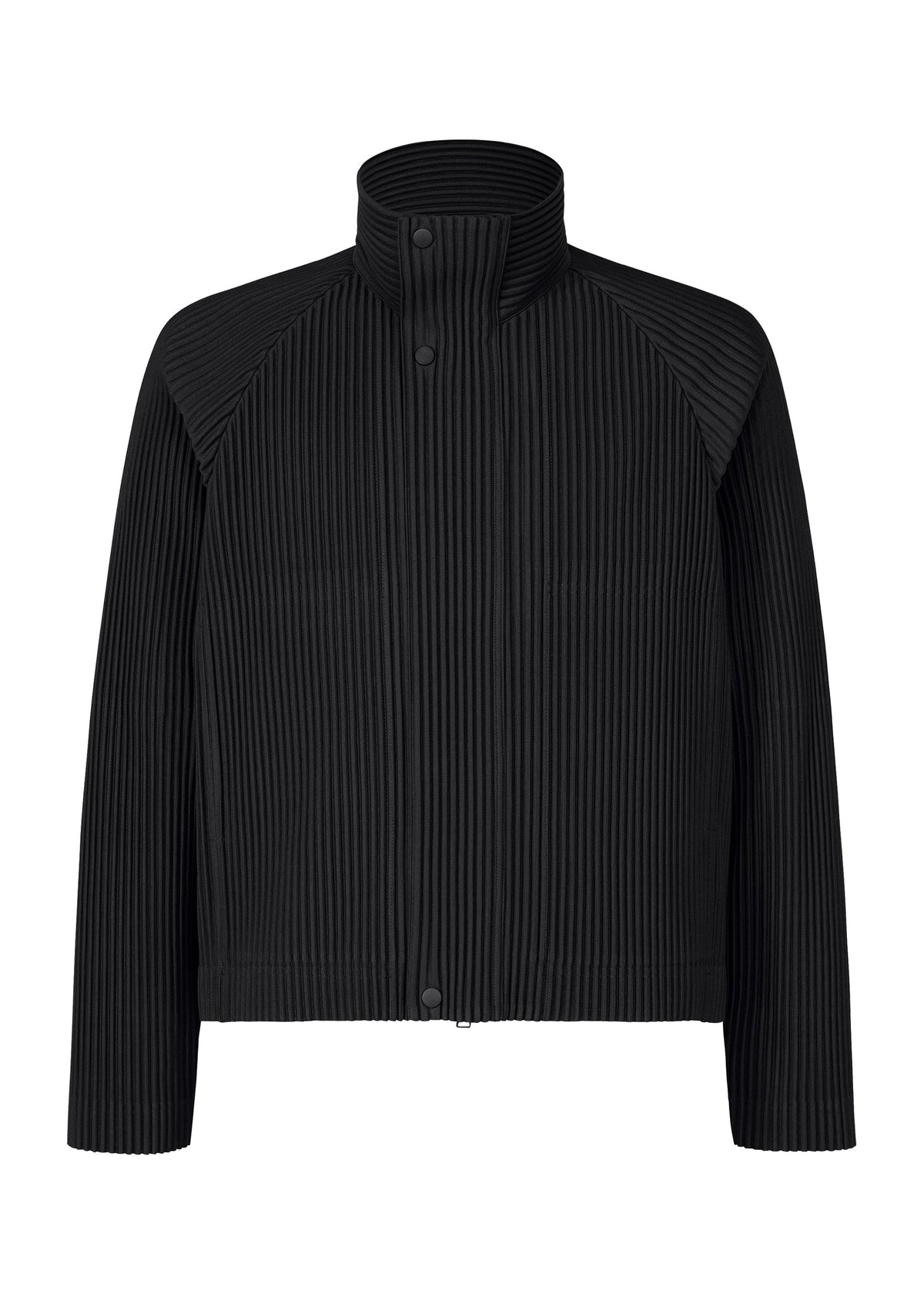 Introducing the TAILORED PLEATS 1 jacket by HOMME PLISSÉ ISSEY MIYAKE: a black, long-sleeve raglan style featuring a high collar, vertical pleats, and snap buttons along the front. Made from quick-drying polyester with a ribbed, textured finish. view 1 of 8