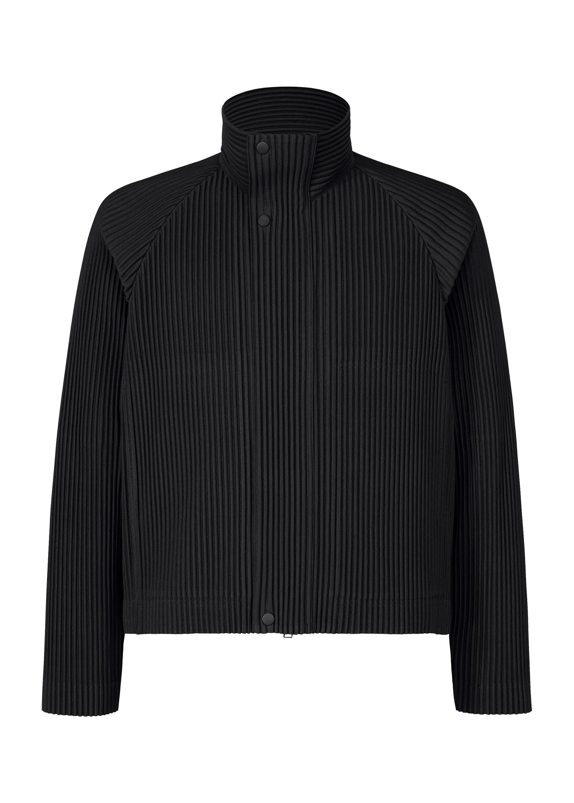 Zoomed view Introducing the TAILORED PLEATS 1 jacket by HOMME PLISSÉ ISSEY MIYAKE: a black, long-sleeve raglan style featuring a high collar, vertical pleats, and snap buttons along the front. Made from quick-drying polyester with a ribbed, textured finish. - BLACK （no.15）