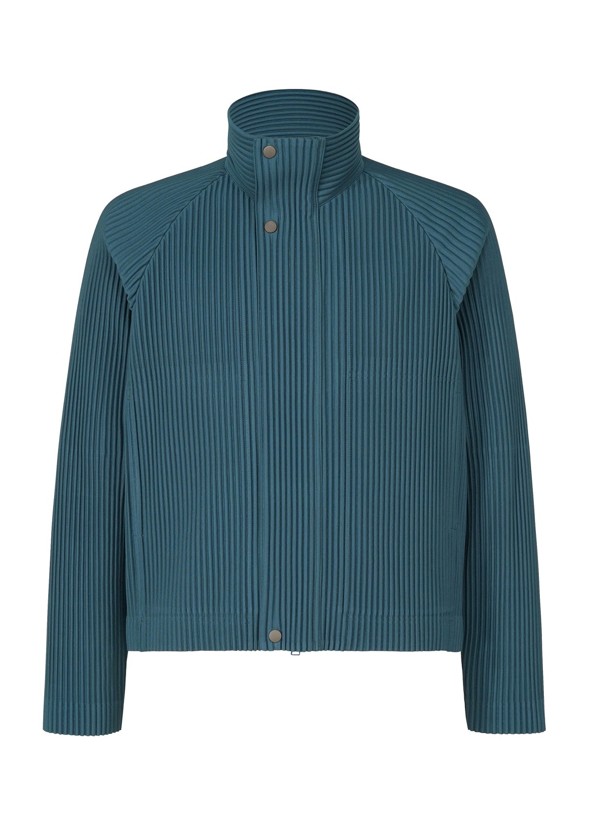 The TAILORED PLEATS 1 jacket by HOMME PLISSÉ ISSEY MIYAKE features a teal raglan silhouette with a ribbed texture, high collar, and front snap button closure. Made from quick-drying polyester, this minimalistic design boasts long sleeves and a slightly boxy, structured fit without visible pockets or embellishments. view 2 of 8