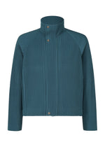 The TAILORED PLEATS 1 jacket by HOMME PLISSÉ ISSEY MIYAKE features a teal raglan silhouette with a ribbed texture, high collar, and front snap button closure. Made from quick-drying polyester, this minimalistic design boasts long sleeves and a slightly boxy, structured fit without visible pockets or embellishments. - SHADOW BLUE （no.76）