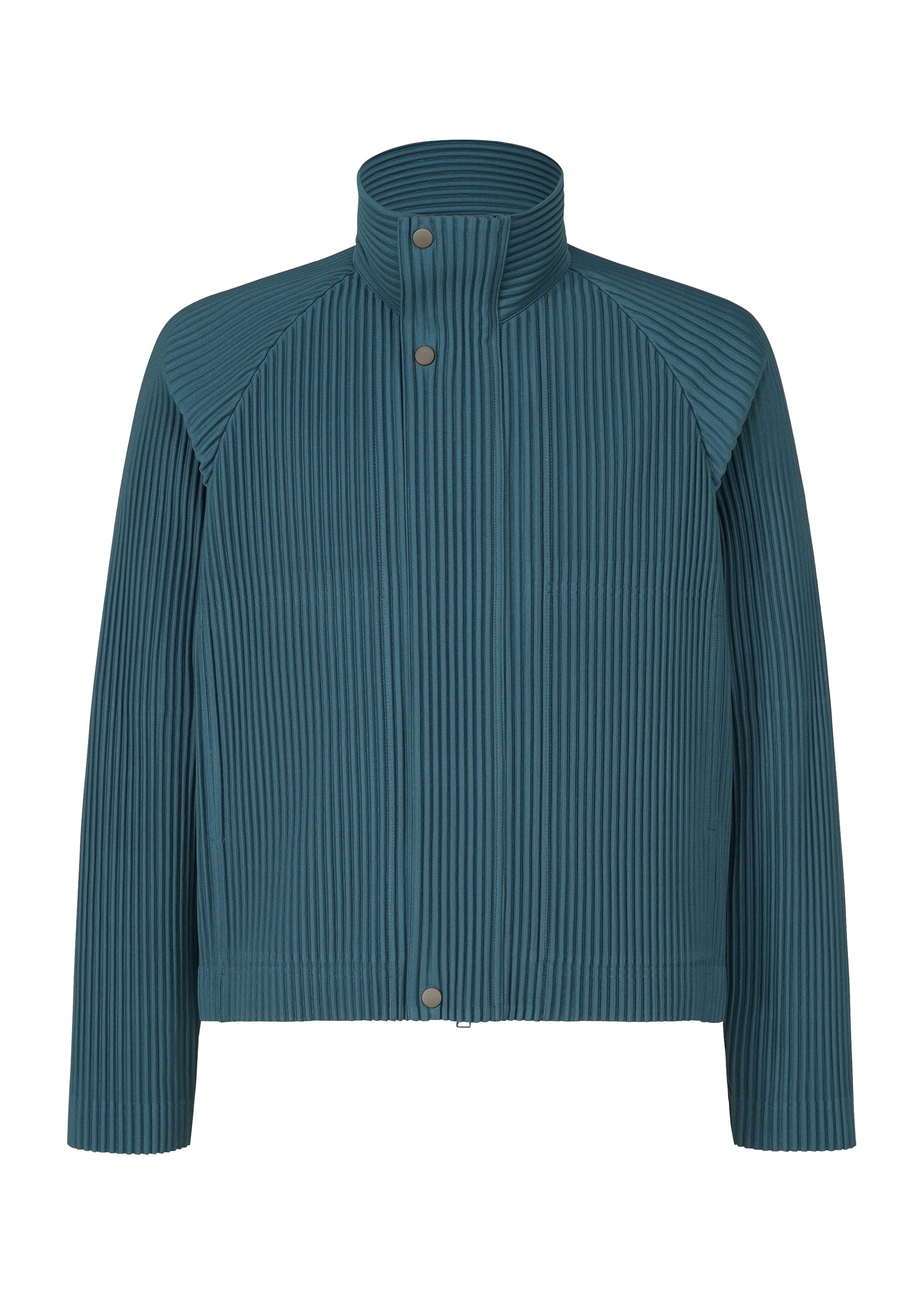 Zoomed view The TAILORED PLEATS 1 jacket by HOMME PLISSÉ ISSEY MIYAKE features a teal raglan silhouette with a ribbed texture, high collar, and front snap button closure. Made from quick-drying polyester, this minimalistic design boasts long sleeves and a slightly boxy, structured fit without visible pockets or embellishments. - SHADOW BLUE （no.76）