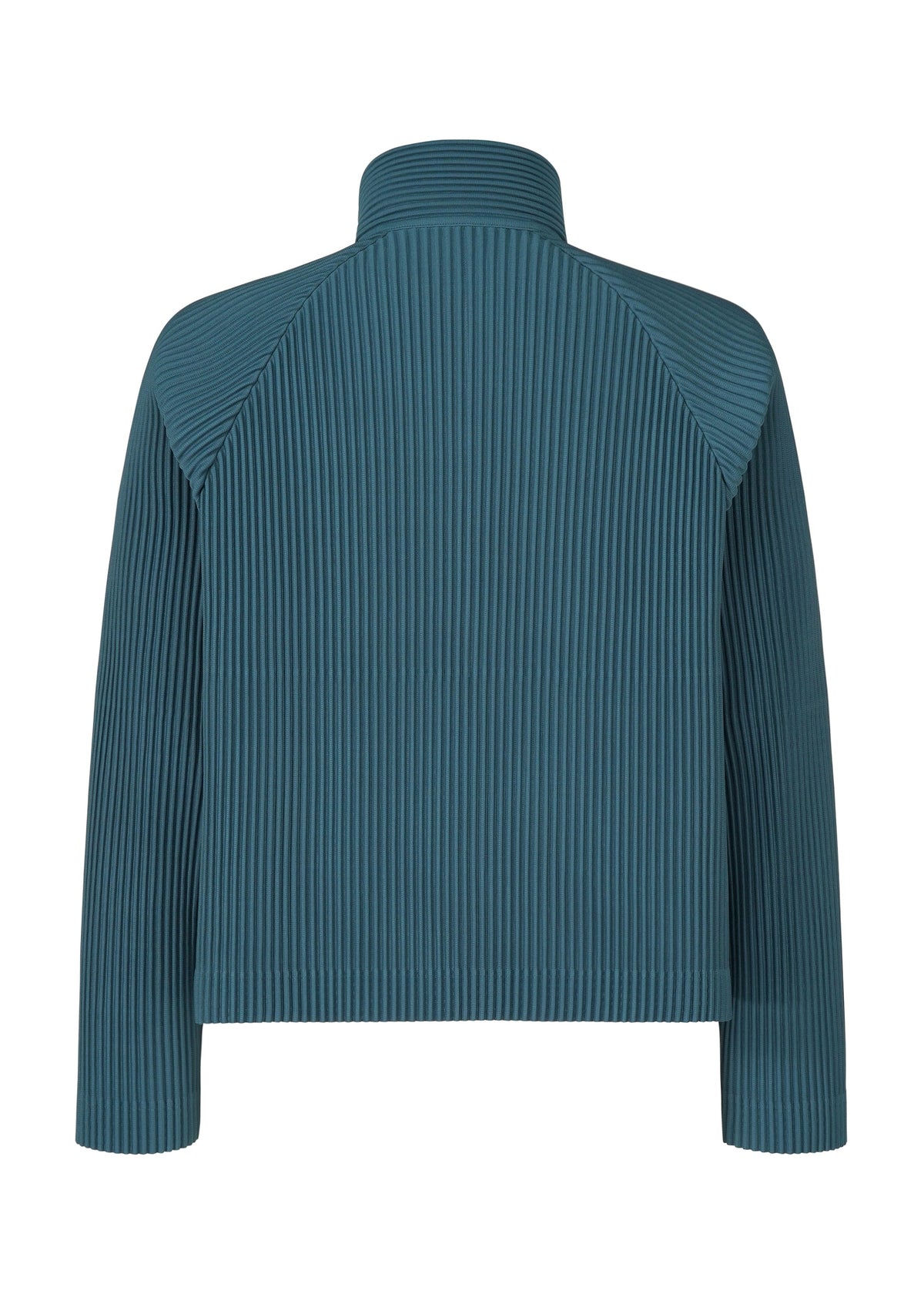 Back view of the TAILORED PLEATS 1 jacket by HOMME PLISSÉ ISSEY MIYAKE, featuring teal vertical pleats, long raglan sleeves, a stand-up collar, and a boxy cropped silhouette crafted from quick-drying polyester. view 3 of 8