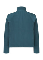Back view of the TAILORED PLEATS 1 jacket by HOMME PLISSÉ ISSEY MIYAKE, featuring teal vertical pleats, long raglan sleeves, a stand-up collar, and a boxy cropped silhouette crafted from quick-drying polyester.