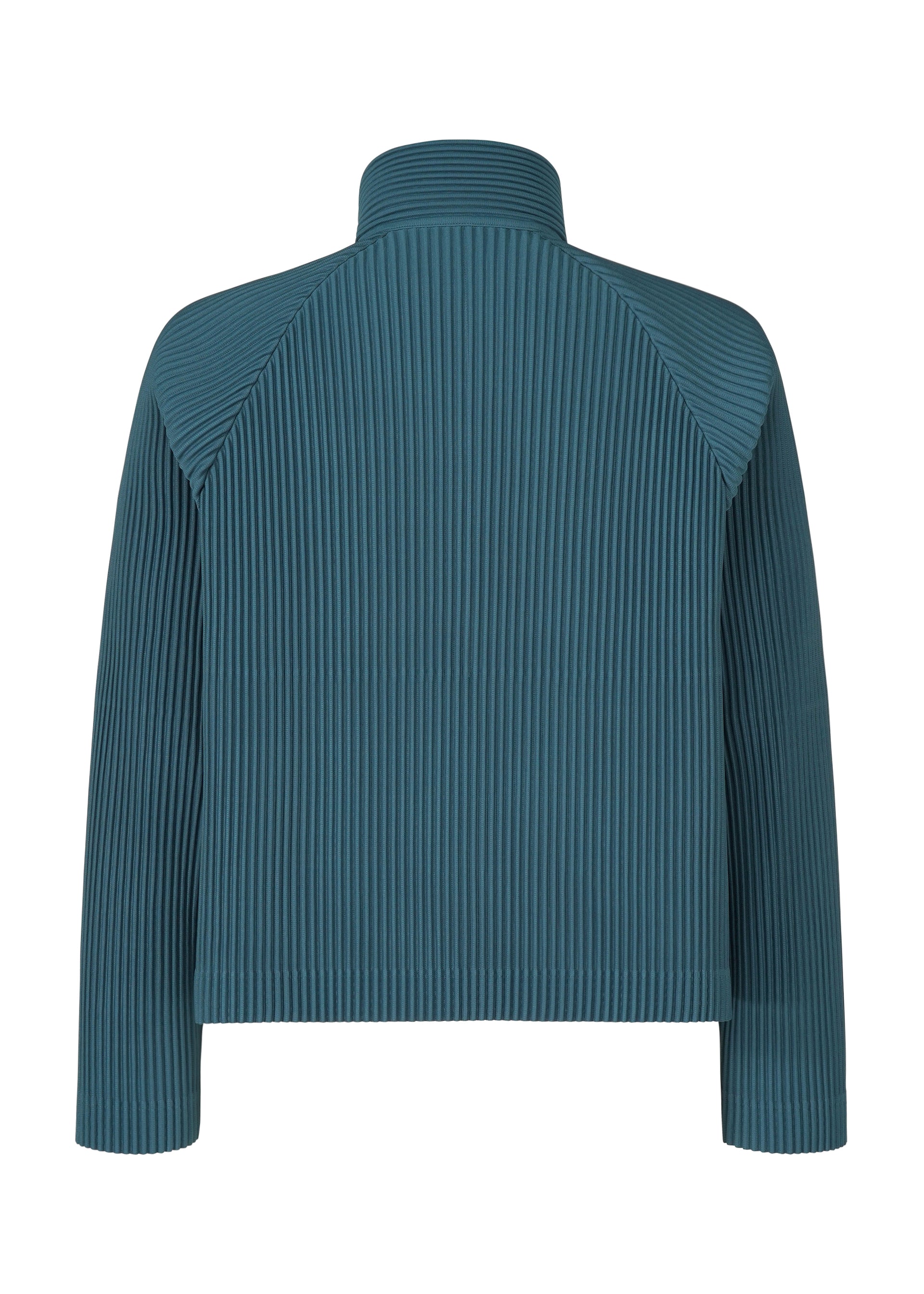 Zoomed view Back view of the TAILORED PLEATS 1 jacket by HOMME PLISSÉ ISSEY MIYAKE, featuring teal vertical pleats, long raglan sleeves, a stand-up collar, and a boxy cropped silhouette crafted from quick-drying polyester.