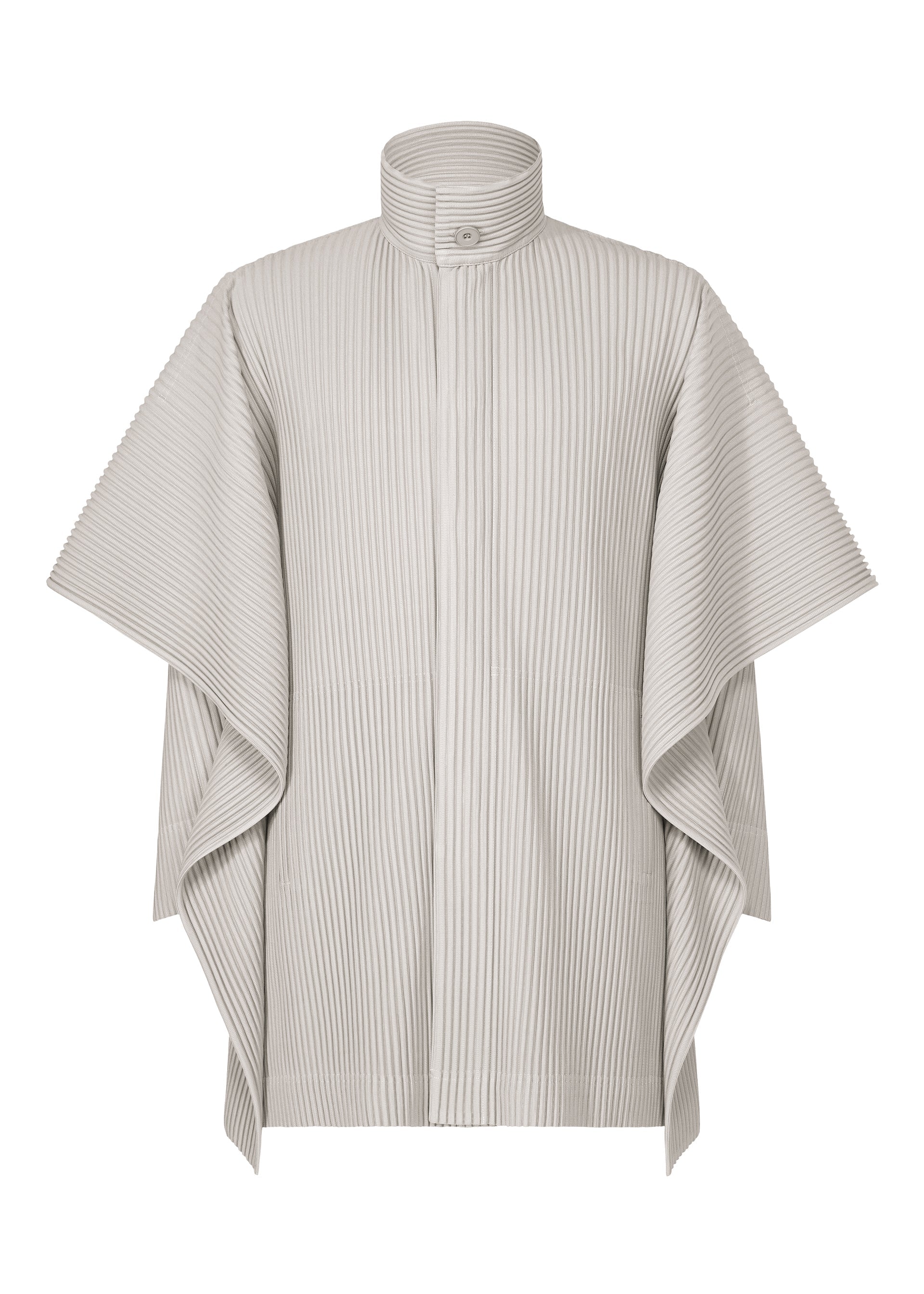 Zoomed view The MOTION BLUR jacket by HOMME PLISSÉ ISSEY MIYAKE features light gray pleated jersey, a high mandarin collar, and wide draped sleeves. Vertical ribbing creates a structured yet flowing silhouette with modern, minimal style. - RAY GRAY （no.13）