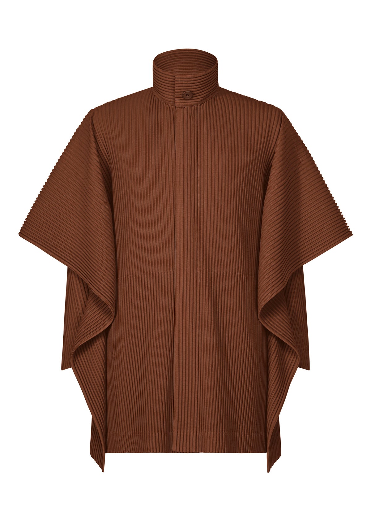 The MOTION BLUR jacket by HOMME PLISSÉ ISSEY MIYAKE is a brown, pleated jersey poncho with wide draped sleeves, high collar, and vertical ribbed texture. Its versatile design ensures both comfort and chic appeal against a white background. view 2 of 5