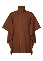 The MOTION BLUR jacket by HOMME PLISSÉ ISSEY MIYAKE is a brown, pleated jersey poncho with wide draped sleeves, high collar, and vertical ribbed texture. Its versatile design ensures both comfort and chic appeal against a white background. - DARKSIDE BROWN （no.45）