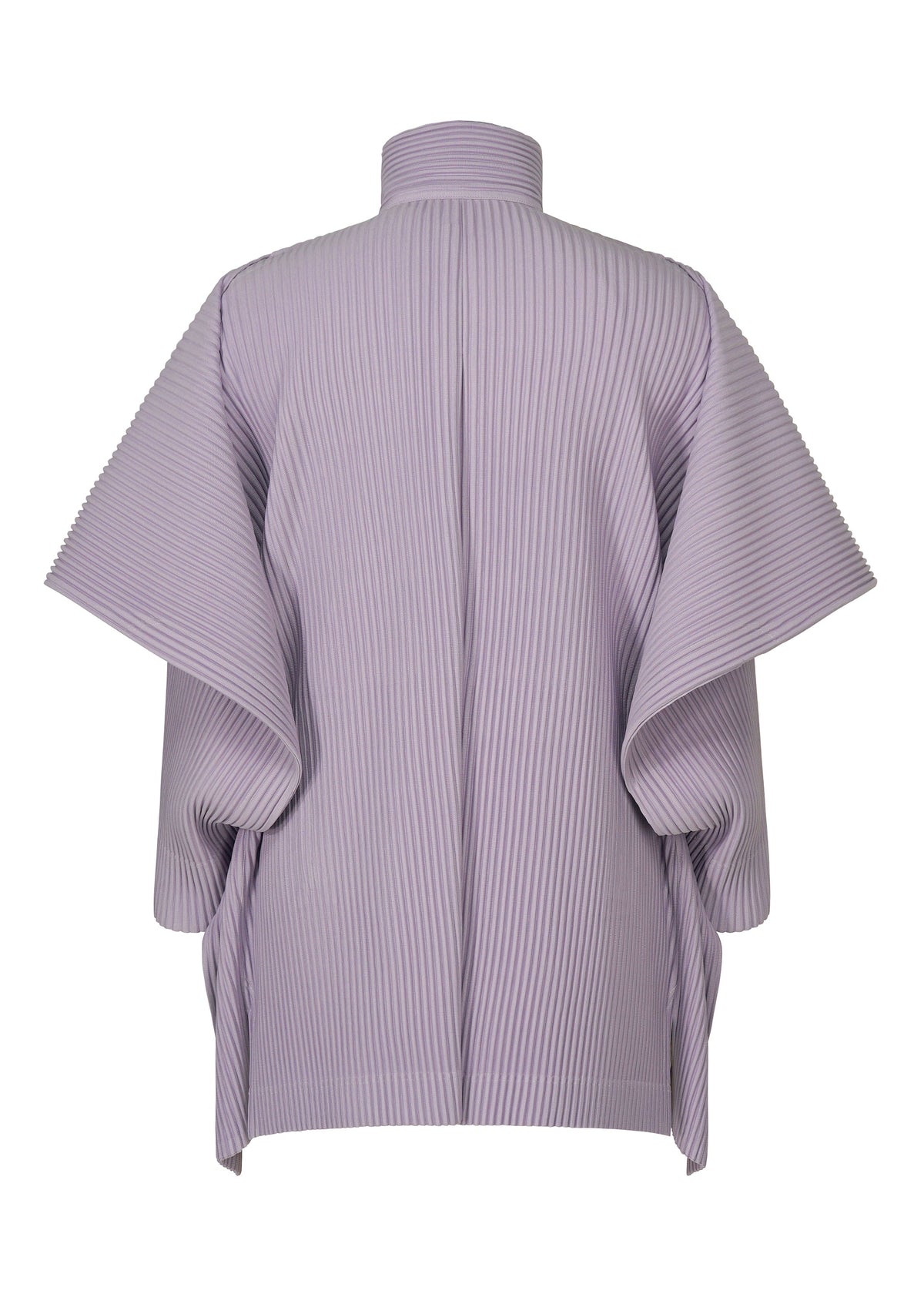 A back view of the MOTION BLUR jacket by HOMME PLISSÉ ISSEY MIYAKE, featuring lilac pleated jersey, wide structured sleeves, and a high collar for a sculptural, modern look. view 3 of 5