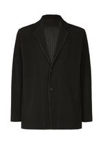 The TAILORED PLEATS 1 blazer by HOMME PLISSÉ ISSEY MIYAKE features a notched lapel, two-button front closure, and long sleeves. This tailored jacket showcases the brand’s signature vertical pleat texture throughout and offers a relaxed, slightly boxy fit. Crafted from quick-drying polyester for added convenience, it is designed without visible pockets. - BLACK （no.15）