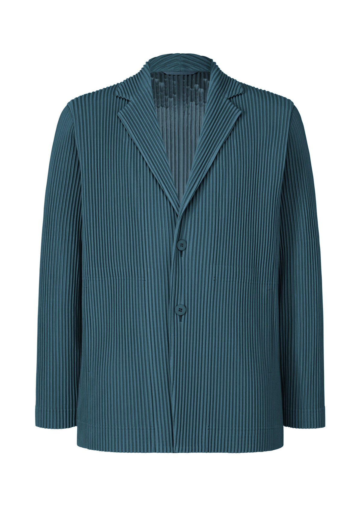 The TAILORED PLEATS 1 blazer by HOMME PLISSÉ ISSEY MIYAKE is a teal formal-casual jacket with a notched lapel, two front buttons, and distinctive vertical textured pleats. This tailored piece features long sleeves and a slightly loose, structured silhouette, crafted from quick-drying polyester and presented against a white background. view 2 of 6