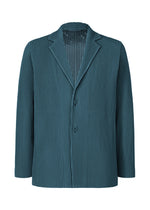 The TAILORED PLEATS 1 blazer by HOMME PLISSÉ ISSEY MIYAKE is a teal formal-casual jacket with a notched lapel, two front buttons, and distinctive vertical textured pleats. This tailored piece features long sleeves and a slightly loose, structured silhouette, crafted from quick-drying polyester and presented against a white background. - SHADOW BLUE （no.76）