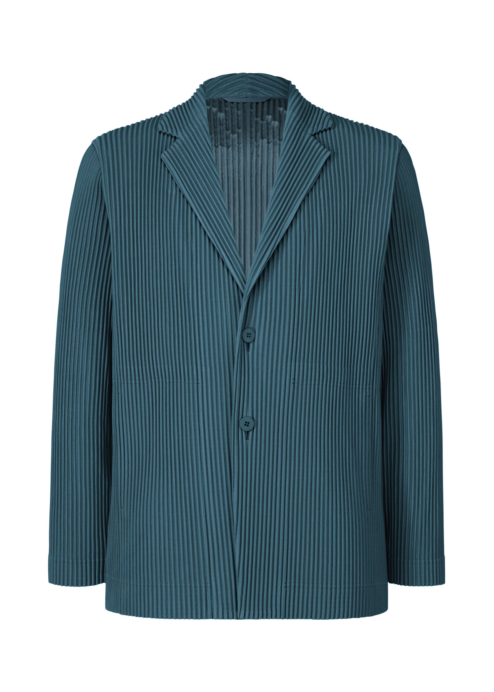 Zoomed view The TAILORED PLEATS 1 blazer by HOMME PLISSÉ ISSEY MIYAKE is a teal formal-casual jacket with a notched lapel, two front buttons, and distinctive vertical textured pleats. This tailored piece features long sleeves and a slightly loose, structured silhouette, crafted from quick-drying polyester and presented against a white background. - SHADOW BLUE （no.76）