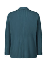 The TAILORED PLEATS 1 jacket by HOMME PLISSÉ ISSEY MIYAKE showcases a teal, pleated design viewed from the back, featuring vertical ribbed texture, long sleeves, and a notched collar. Crafted from quick-drying polyester, this tailored piece offers effortless style and comfort.