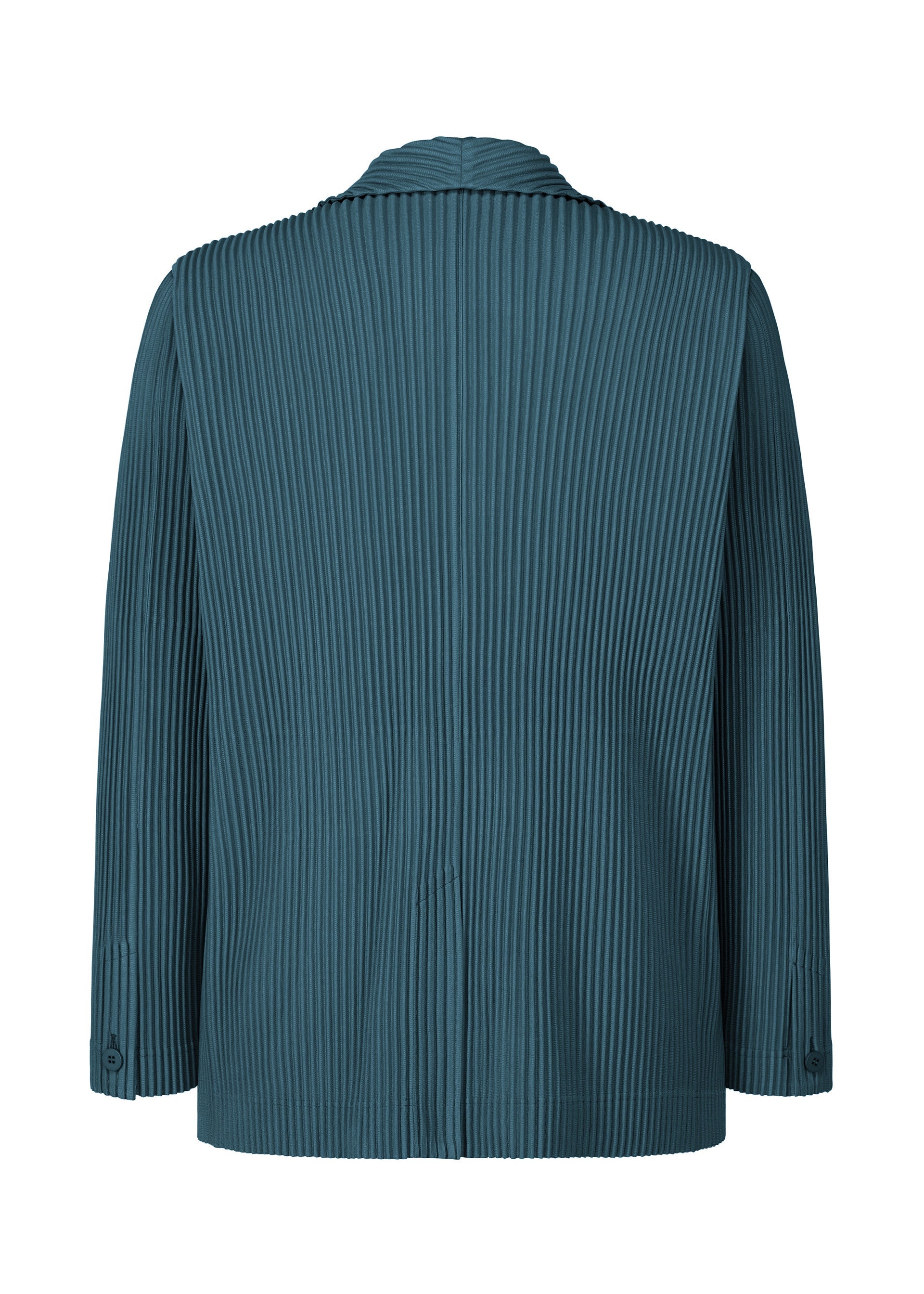 Zoomed view The TAILORED PLEATS 1 jacket by HOMME PLISSÉ ISSEY MIYAKE showcases a teal, pleated design viewed from the back, featuring vertical ribbed texture, long sleeves, and a notched collar. Crafted from quick-drying polyester, this tailored piece offers effortless style and comfort.