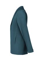 A side view of the TAILORED PLEATS 1 jacket by HOMME PLISSÉ ISSEY MIYAKE in teal with vertical pinstripes. This formal-casual blazer features front buttons, a notch lapel, long sleeves, and a straight hem. Crafted from quick-drying polyester for comfort and practicality.