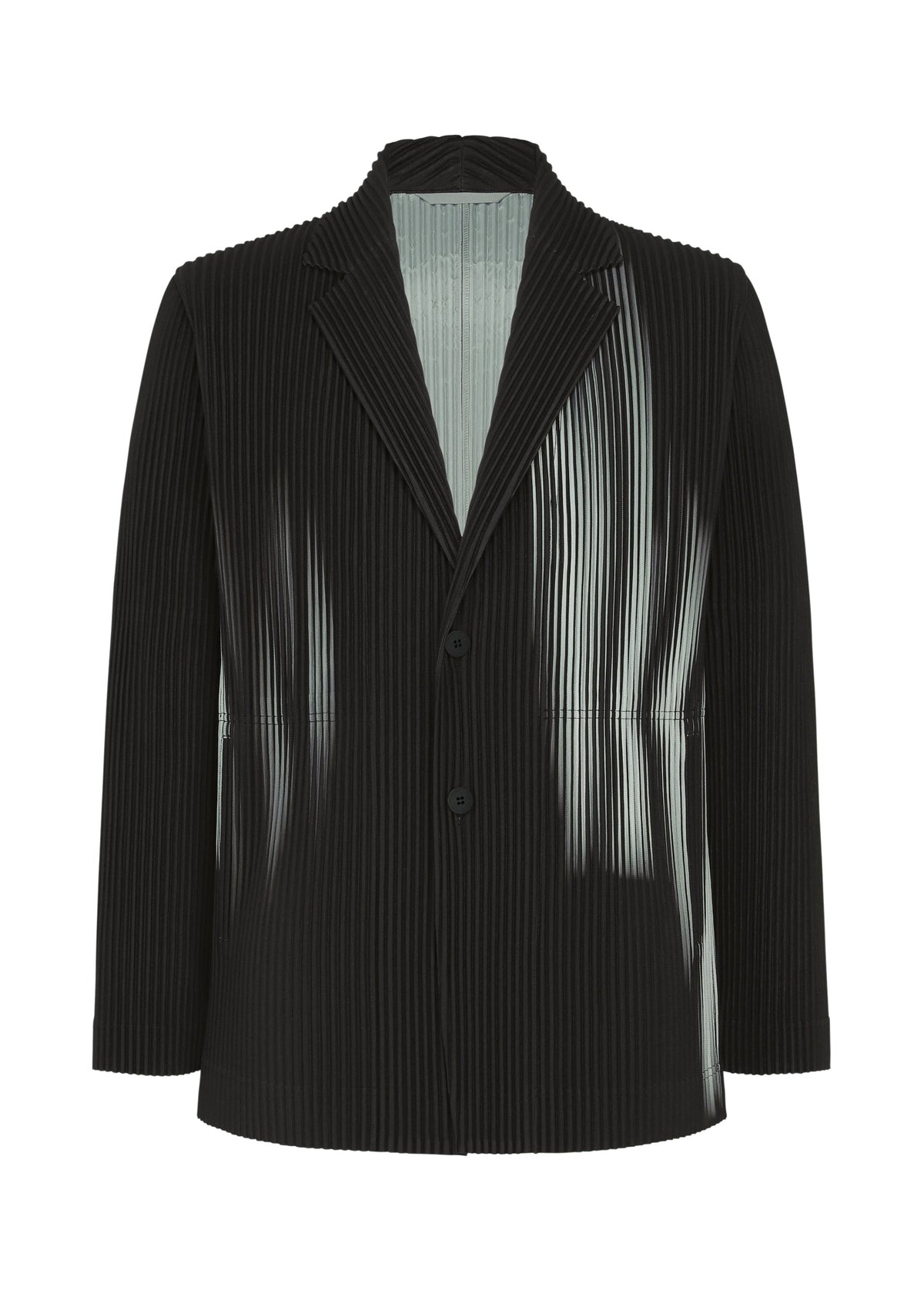 Zoomed view The HOMME PLISSÉ ISSEY MIYAKE IN THE SHADOW is a black, pinstriped tailored jacket with a two-button front and unique white gradient optical-illusion stripe, shown against a plain white background. - SHADOW BLACK （no.17）
