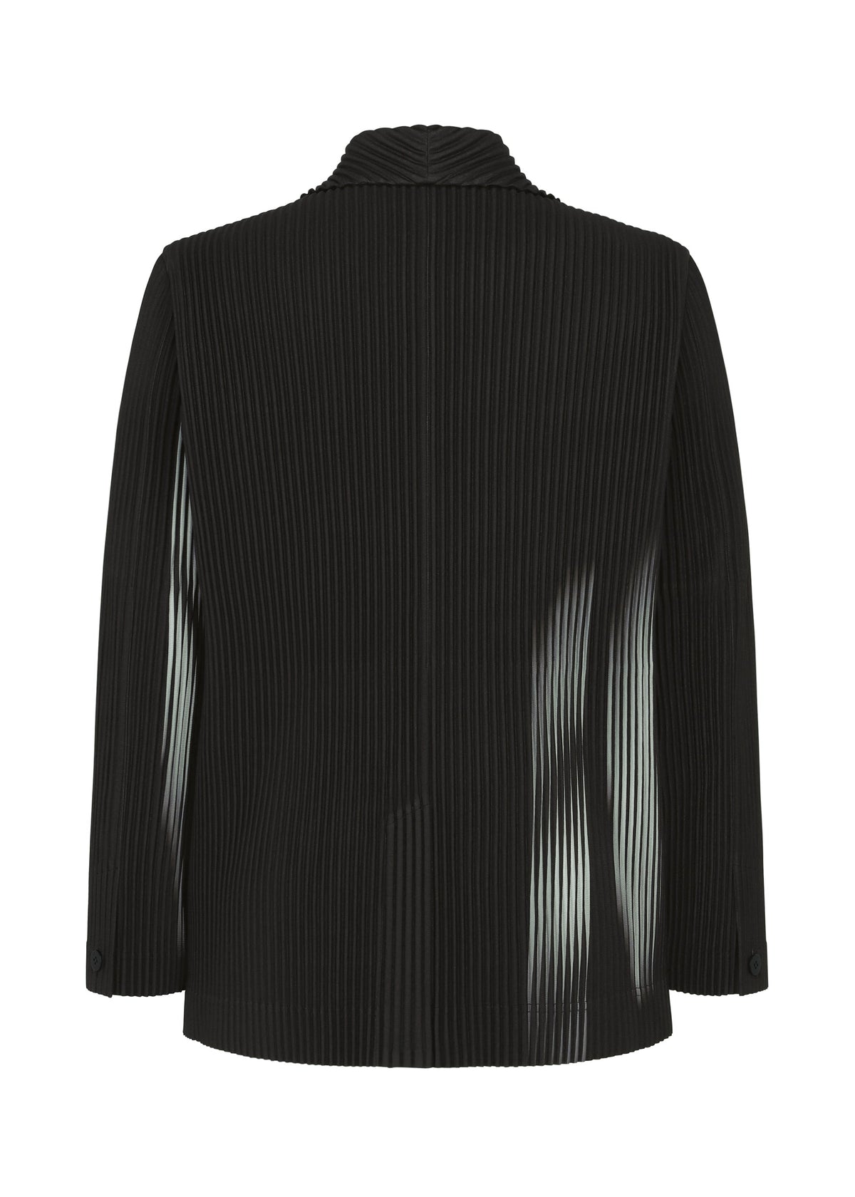 Back view of the IN THE SHADOW jacket by HOMME PLISSÉ ISSEY MIYAKE: black, long sleeves, pleated with vertical ribbing, optical-illusion stripes, and subtle lighter streaks through the fabric. view 2 of 6