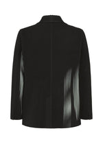 Back view of the IN THE SHADOW jacket by HOMME PLISSÉ ISSEY MIYAKE: black, long sleeves, pleated with vertical ribbing, optical-illusion stripes, and subtle lighter streaks through the fabric.