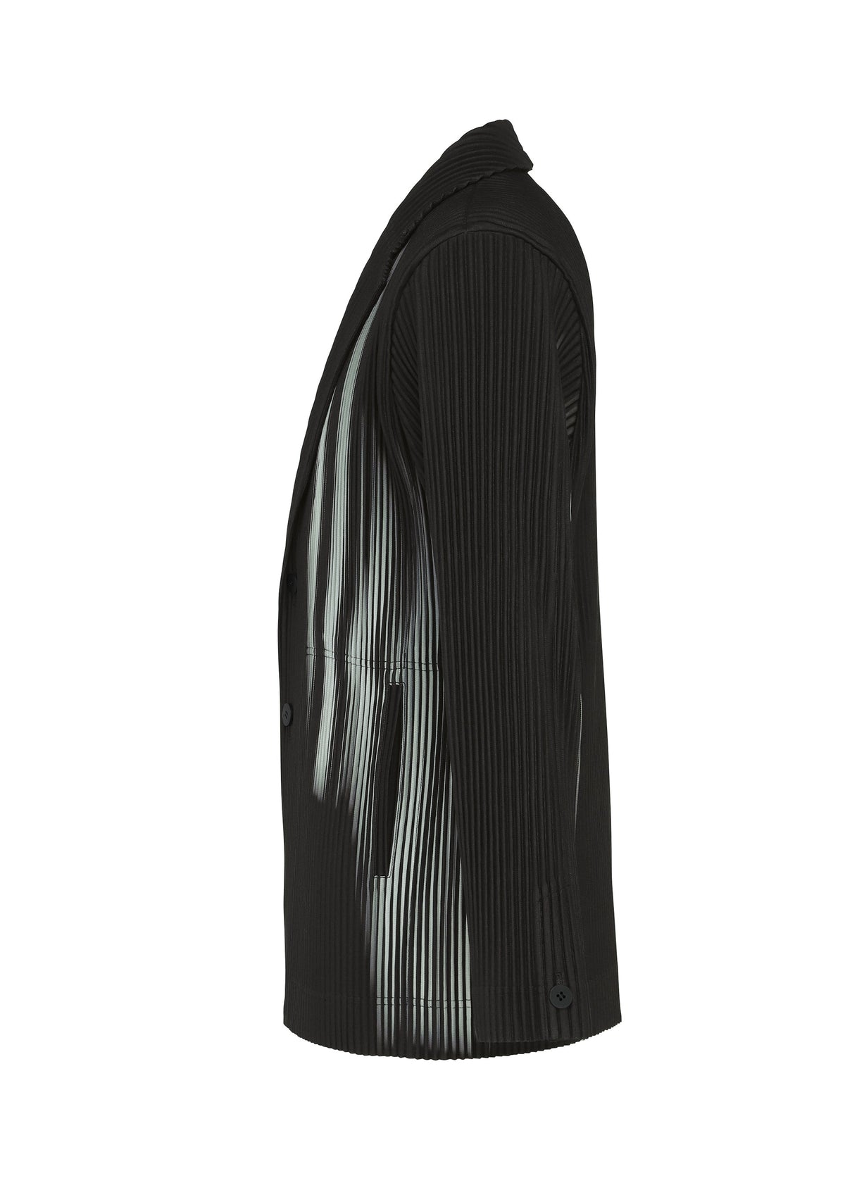 Zoomed view The IN THE SHADOW blazer by HOMME PLISSÉ ISSEY MIYAKE, a black pinstripe piece with optical-illusion stripe details, is shown in left side profile against a white background.