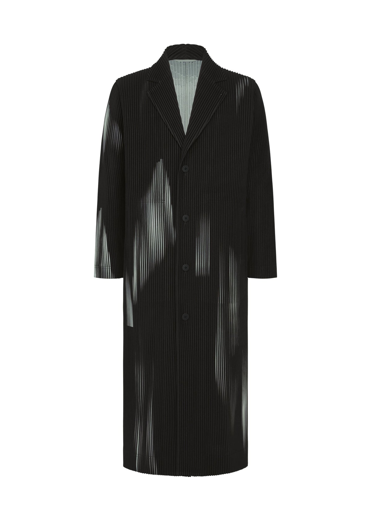 The IN THE SHADOW coat by HOMME PLISSÉ ISSEY MIYAKE is a long black pleated jacket with a notched lapel, four buttons, and bold irregular white patches on the front and sleeves. view 1 of 5